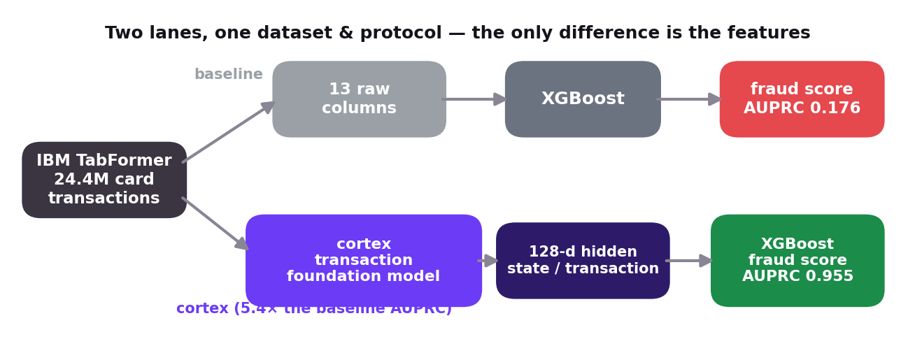 Two lanes — raw columns vs cortex embedding — into the same XGBoost